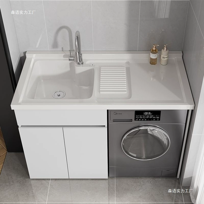 Meuble buanderie aluminium avec lave-linge et lavabo